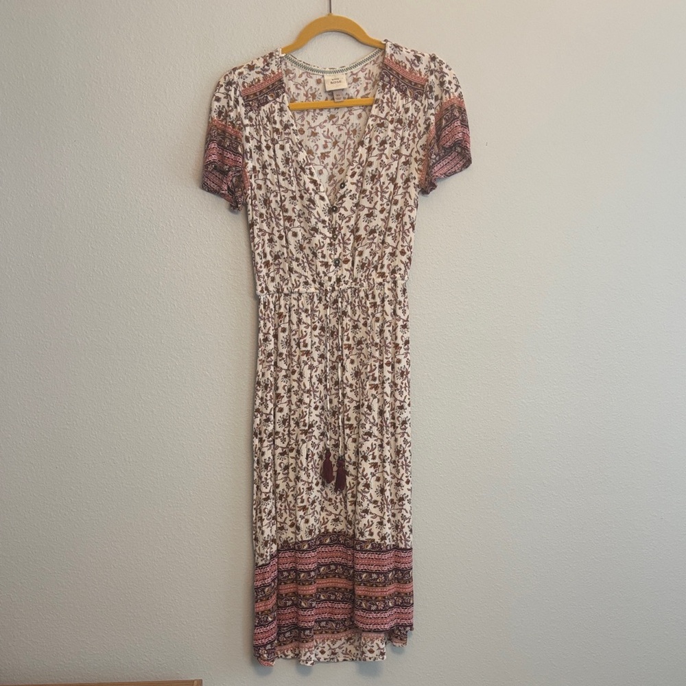 Knox Rose Boho Floral Midi Dress - Cream and Pink